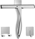 All-Purpose Stainless Steel Shower Squeegee for Shower Glass Door with 2 Adhesive Hooks, Bathroom Cleaner Tool Household Window Mirror Squeegee , Cleaning Tile Wall, Car, 10 Inch Silver Jansha Store