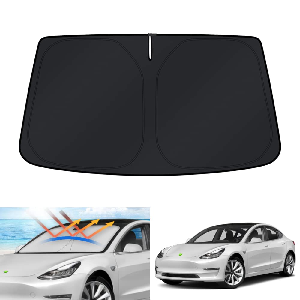 KUST Windshield Sun Shade for 2017-2026 Tesla Model Y/Model 3 Sunshade Accessories (Fit 2025-2026 Model Y Juniper / 2024 Model 3 Highland) Upgraded Foldable Sunshade, Blocks UV Rays Keep Car Cool Jansha Store