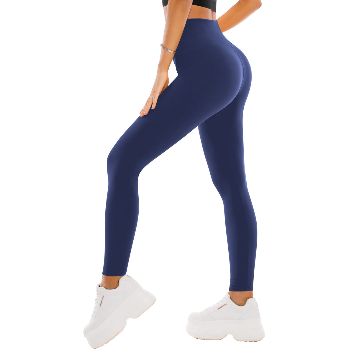 High waisted full length leggings in solid black, front view showing wide tummy-control waistband
