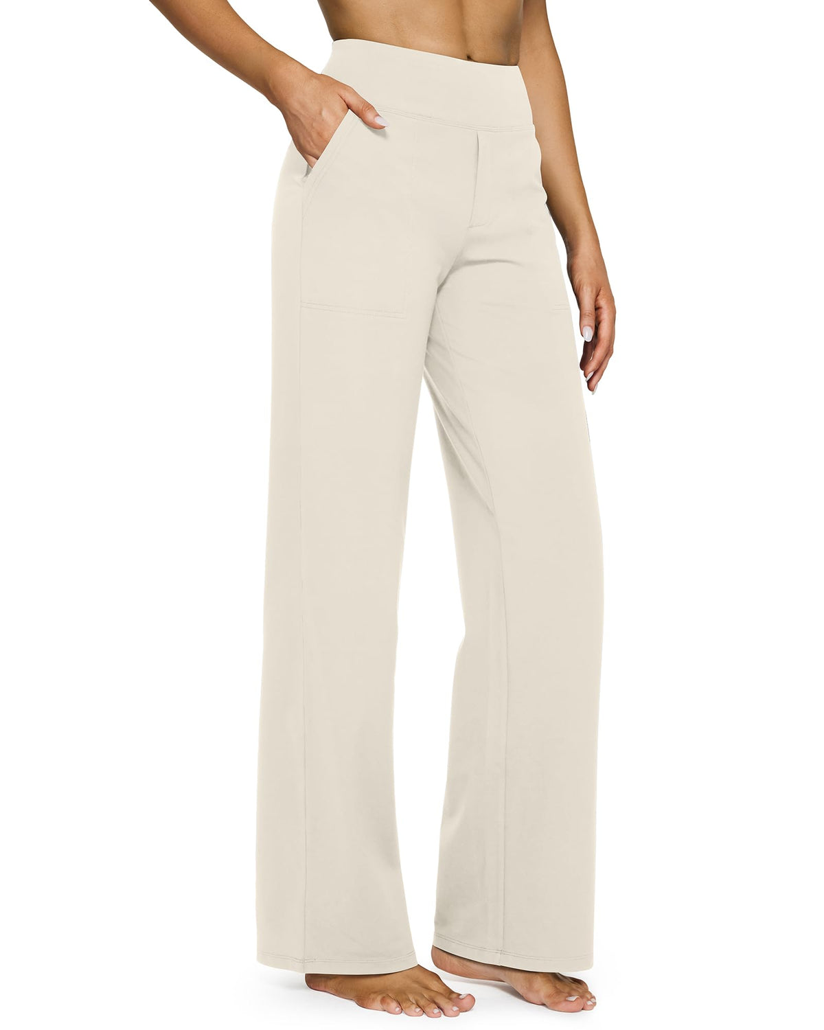 Full-length view of wide leg yoga pants with pockets, front-facing relaxed stance