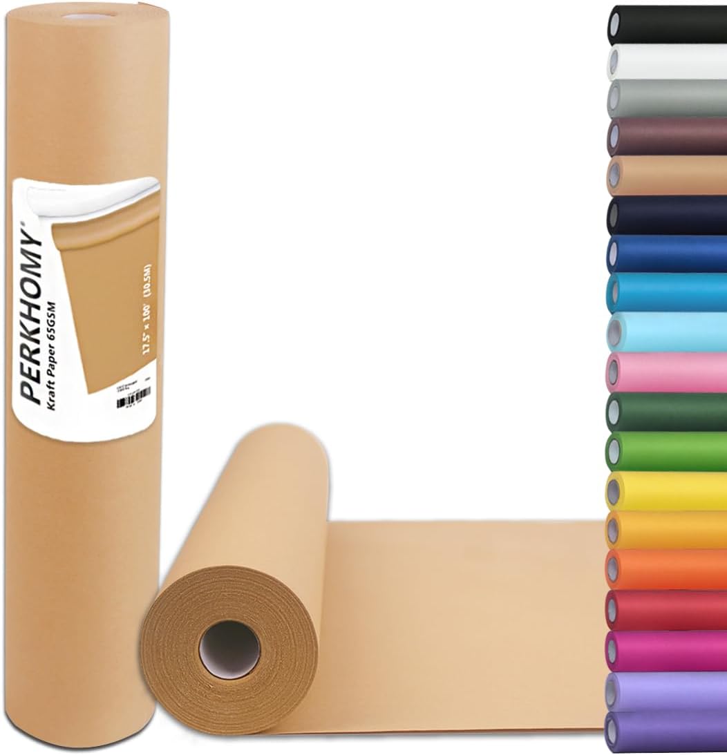 PerkHomy Brown Kraft Paper Roll 17.5" x 1,200" (100') for Gift Wrapping Bulletin Board Craft Art Bouquet Flower Packing Valentines Easel Moving Shipping Floor Poster Covering Table 70GSM 50LB Jansha Store
