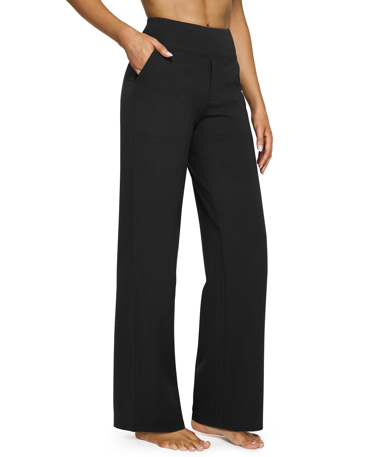 Women's wide leg yoga pants shown in a standing pose to show the full length cut