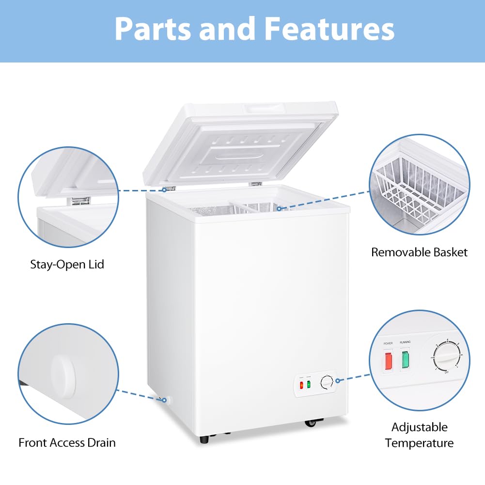 3.5 Cu.Ft Small Chest Freezer, Mini Deep Freezer with Removable Basket, Adjustable Temperature, Free Standing Top Open Door Energy Efficient Compact Freezer for Apartment, Home, Office, Garager，Gray Jansha Store