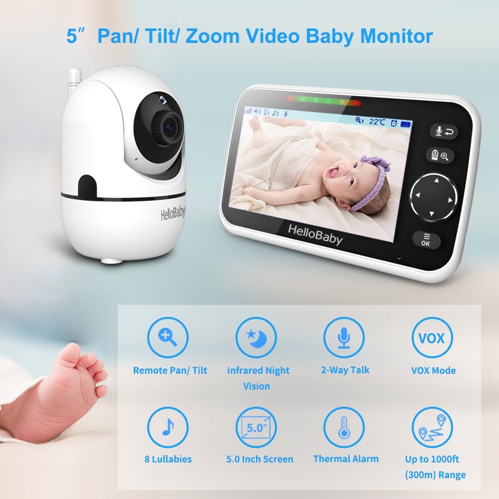 HelloBaby No WiFi Baby Monitor Camera and Audio HB6550, 5" Video Screen Jansha Store