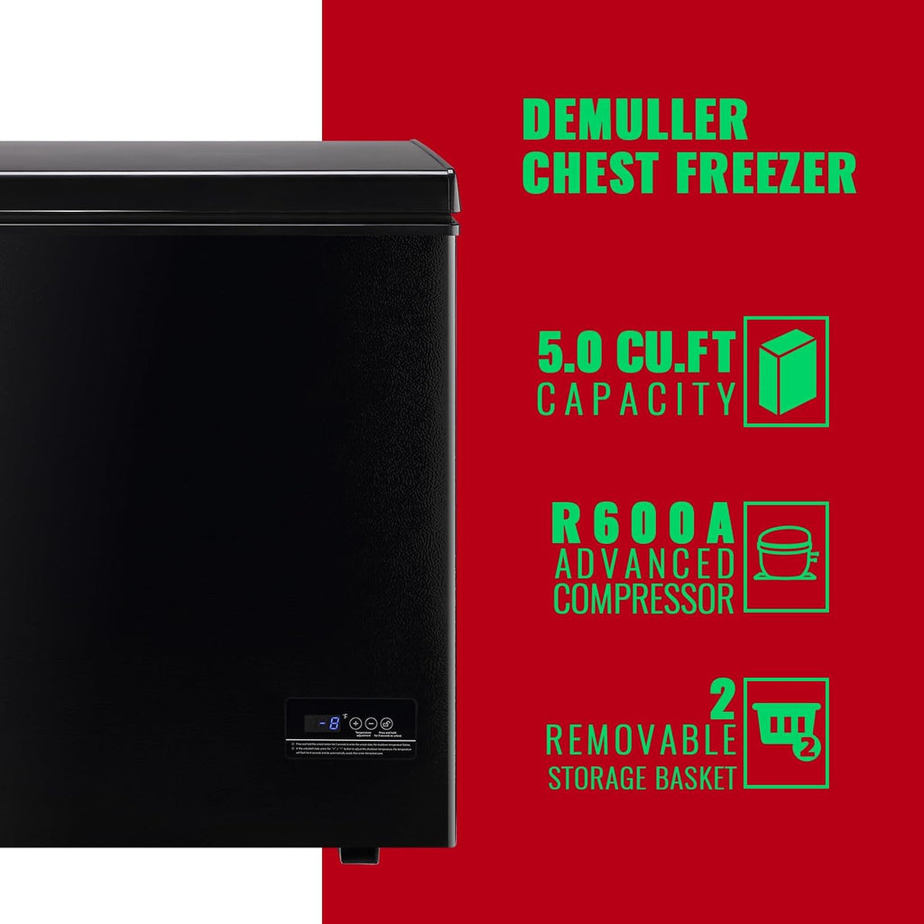 DEMULLER Chest Freezer 5.0Cubic Feet Deep Freezer Freestanding Freezers with 2 Removable Stainless Steel Basket, Mini Freezer Top Open Door Compact Freezer with Electronic Control 41℉ to -15℉BLACK Jansha Store