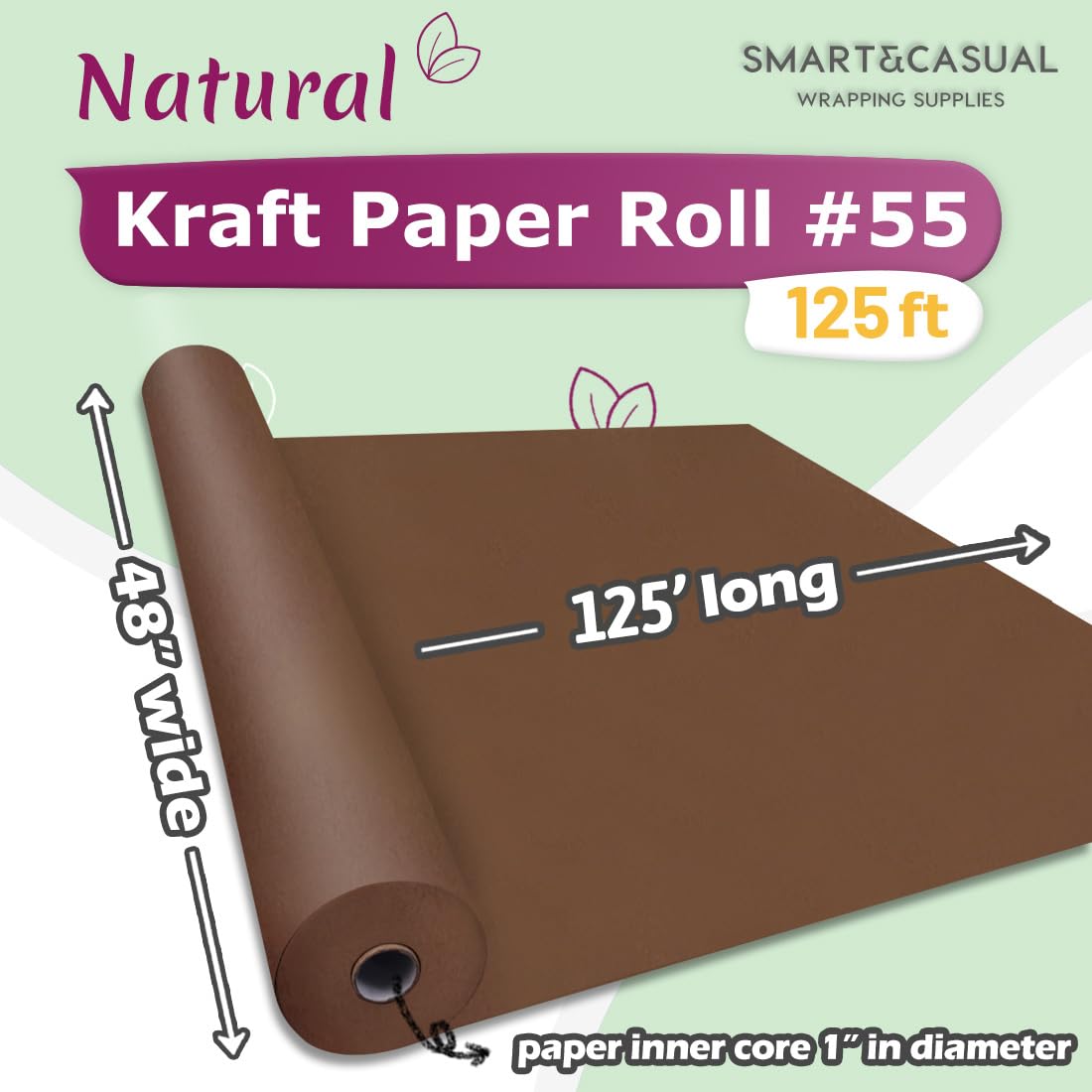 SMART&CASUAL 36" x 1,500" (125') Brown Kraft Craft Paper Roll for Gift Wrapping Bulletin Board Bouquet Flower Art Packing Parcel Table Covering 70GSM 50LB (Brown, 36" x 125') Jansha Store