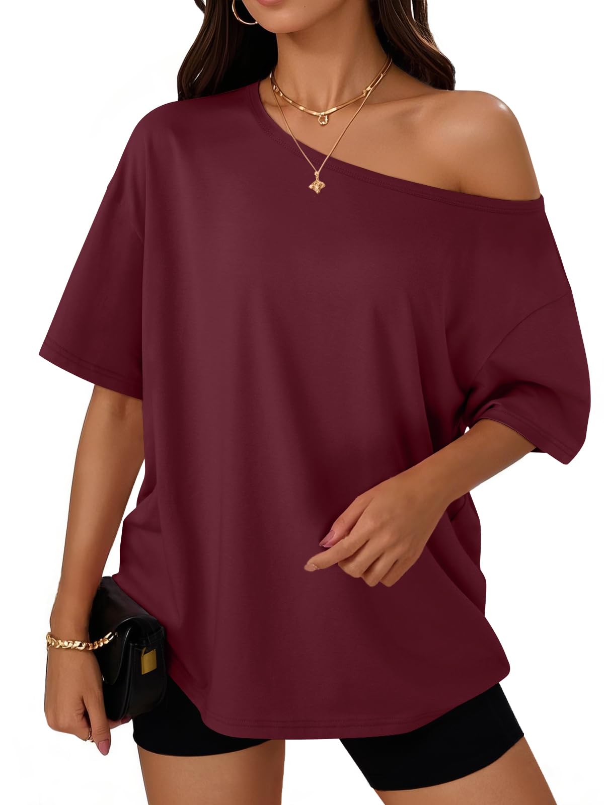 Trendy Queen Womens Off the Shoulder Tops Oversized Summer T-Shirts 2026 Jansha Store