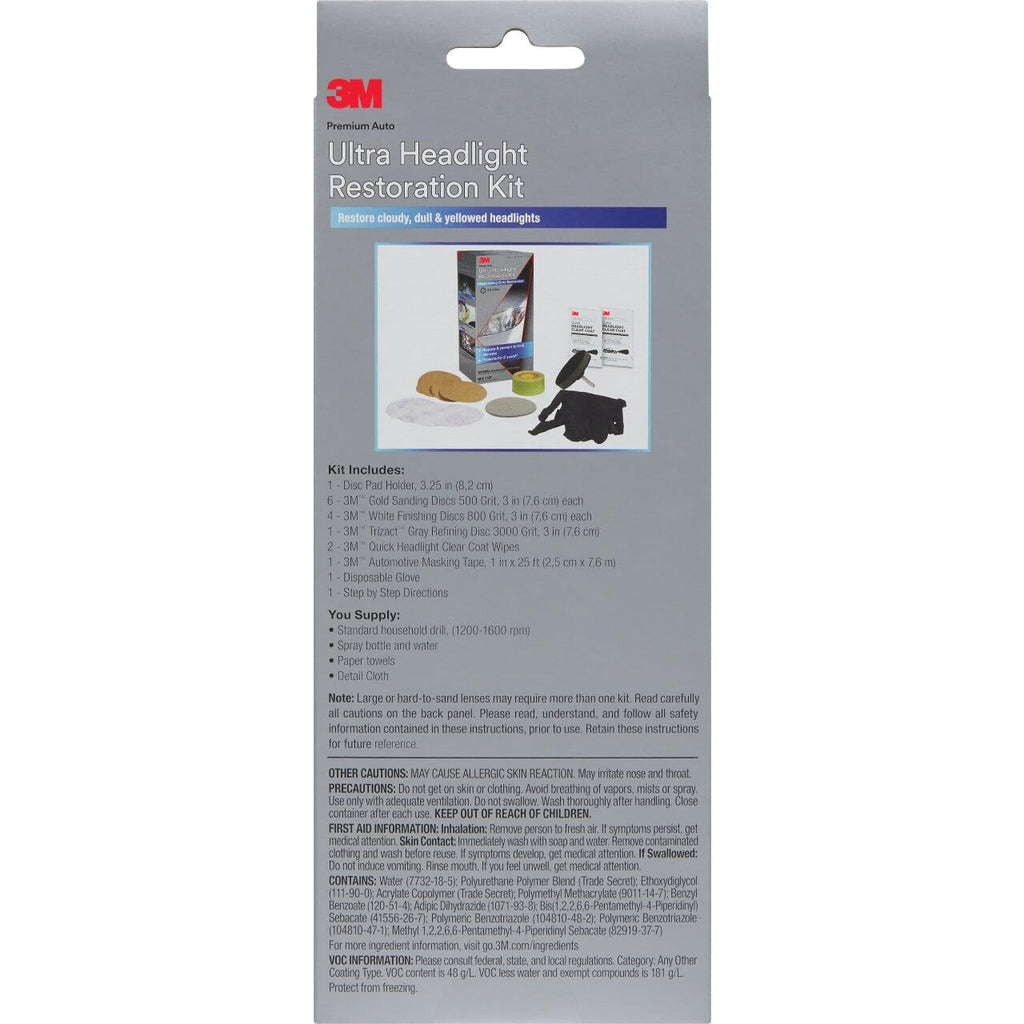 3M Ultra Headlight Restoration Kit, Contains Masking Tape, Light Sanding Discs, Wax Protectant and More, Use on Plastic Lenses Headlights, Taillights and More, Easy Heavy-Duty Restoration (39195) Jansha Store