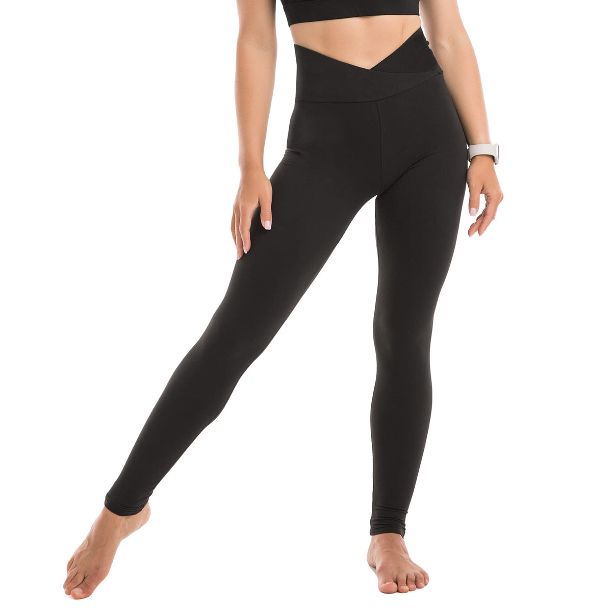 Close-up of the wide high-rise waistband on soft athletic leggings for women