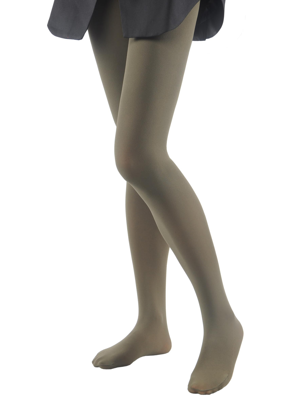 Black 80 den tights on legs, front view showing even opaque colour
