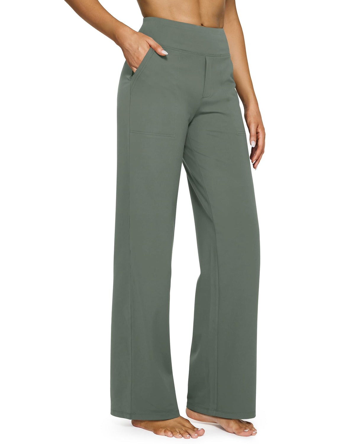 Wide leg yoga pants for women with pockets, back angled view