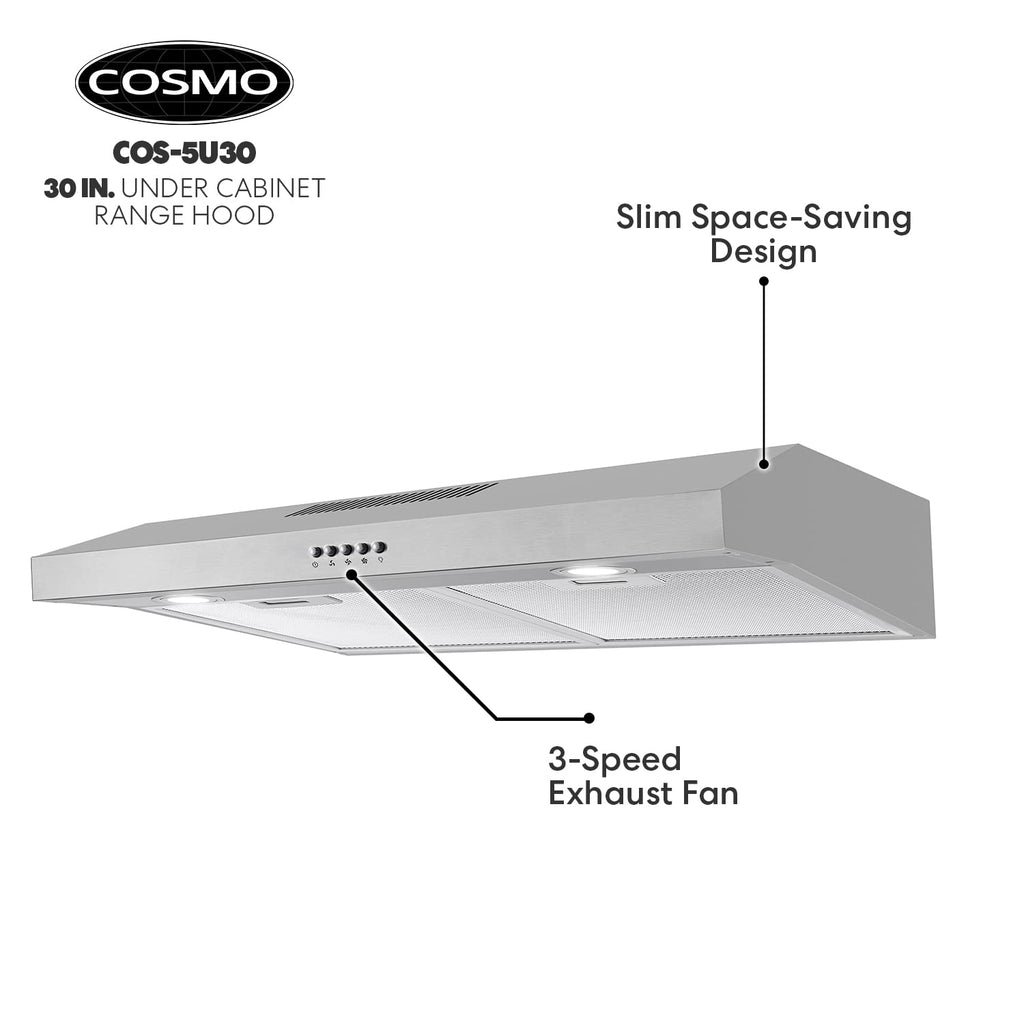 COSMO COS-5MU30 30 in. Delta Collection Ducted Under Cabinet Range Hood, Button Controls, Reusable Filters, LED Lights, Stainless Steel Jansha Store