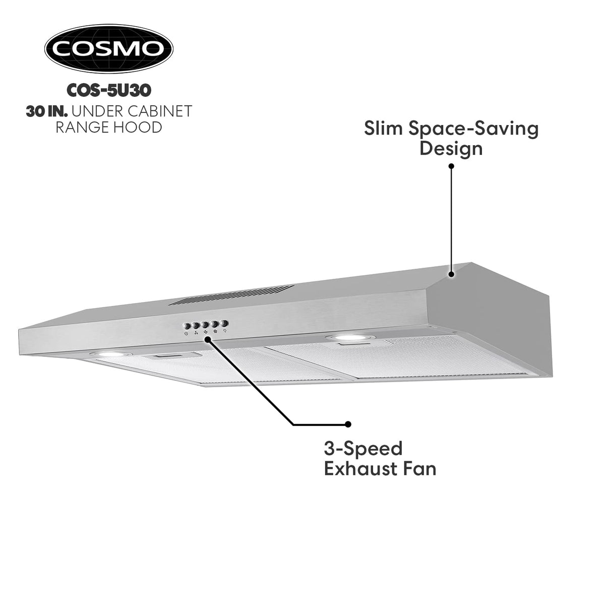 COSMO COS-5MU30 30 in. Delta Collection Ducted Under Cabinet Range Hood, Button Controls, Reusable Filters, LED Lights, Stainless Steel Jansha Store