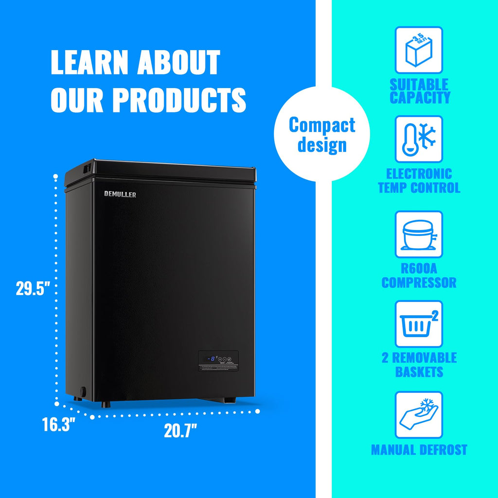 DEMULLER Chest Freezer 4.0 CU. FT Ultra-low Temperature Deep Freezers (Down to -12 ℉) with TWO Removable Baskets Accurate Display of Cabinet Temp Freestanding Black Jansha Store