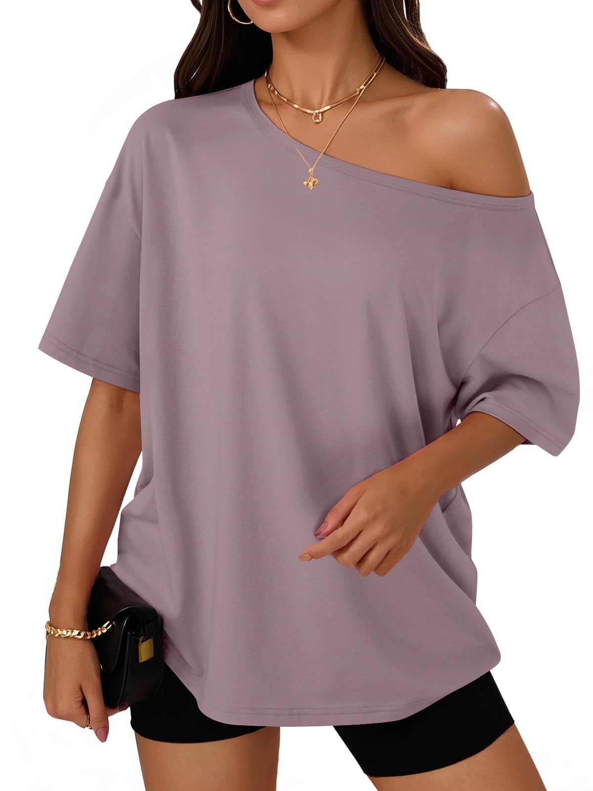 Trendy Queen Womens Off the Shoulder Tops Oversized Summer T-Shirts 2026 Jansha Store
