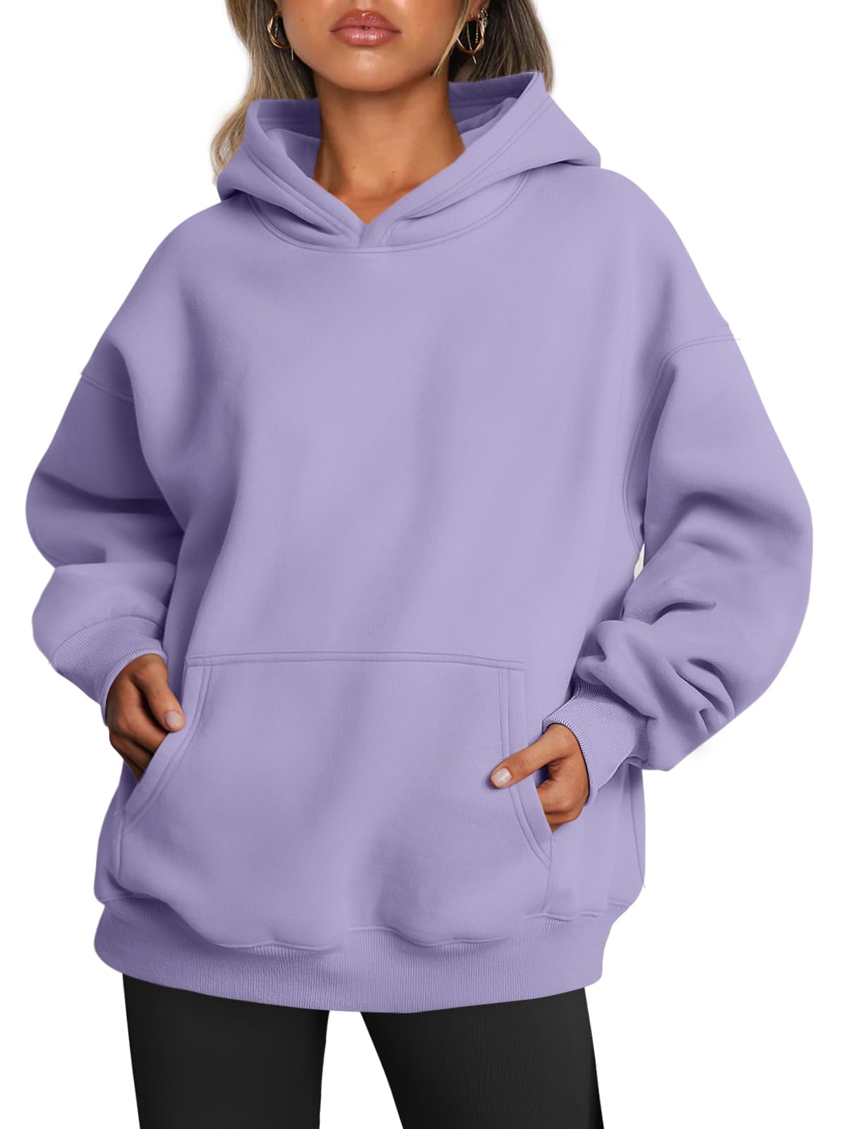 Close-up of the hoodie's drawstring hood and neckline stitching