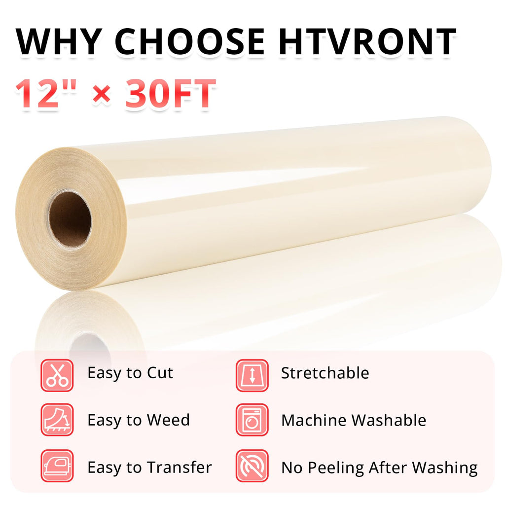 HTVRONT HTV Roll Heat Transfer Vinyl - 12" x 8ft White HTV Vinyl for Shirts Jansha Store