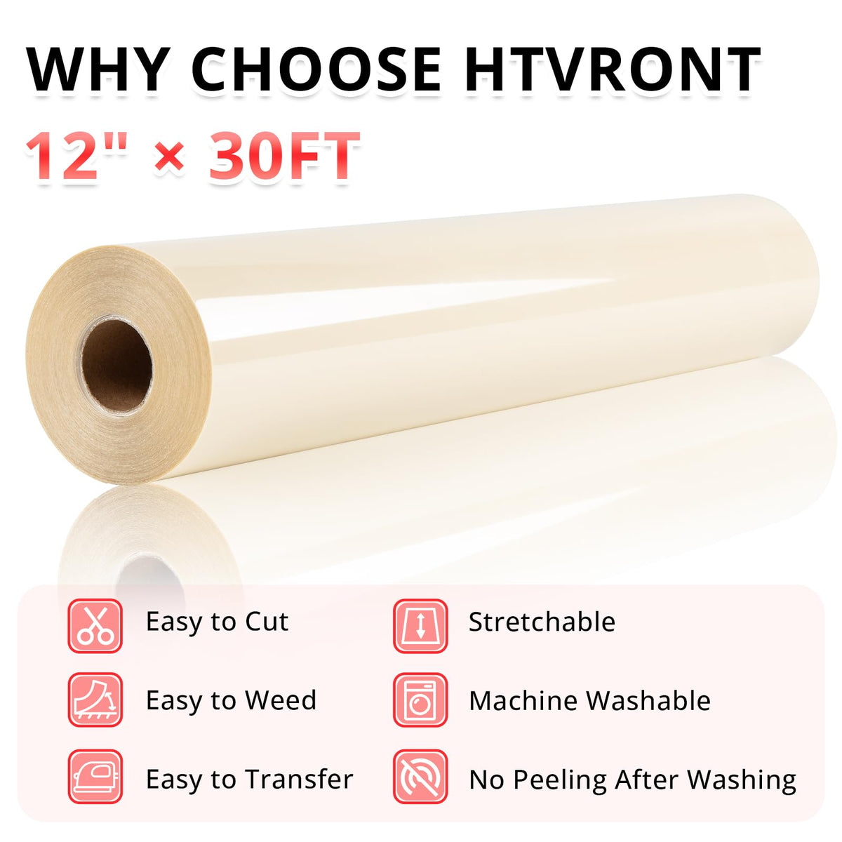 HTVRONT HTV Roll Heat Transfer Vinyl - 12" x 8ft White HTV Vinyl for Shirts Jansha Store
