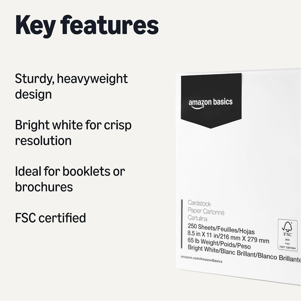 Amazon Basics Cardstock Paper, 8.5" x 11", 65 lb/176 gsm, 96 Bright White, 250 Sheets Jansha Store