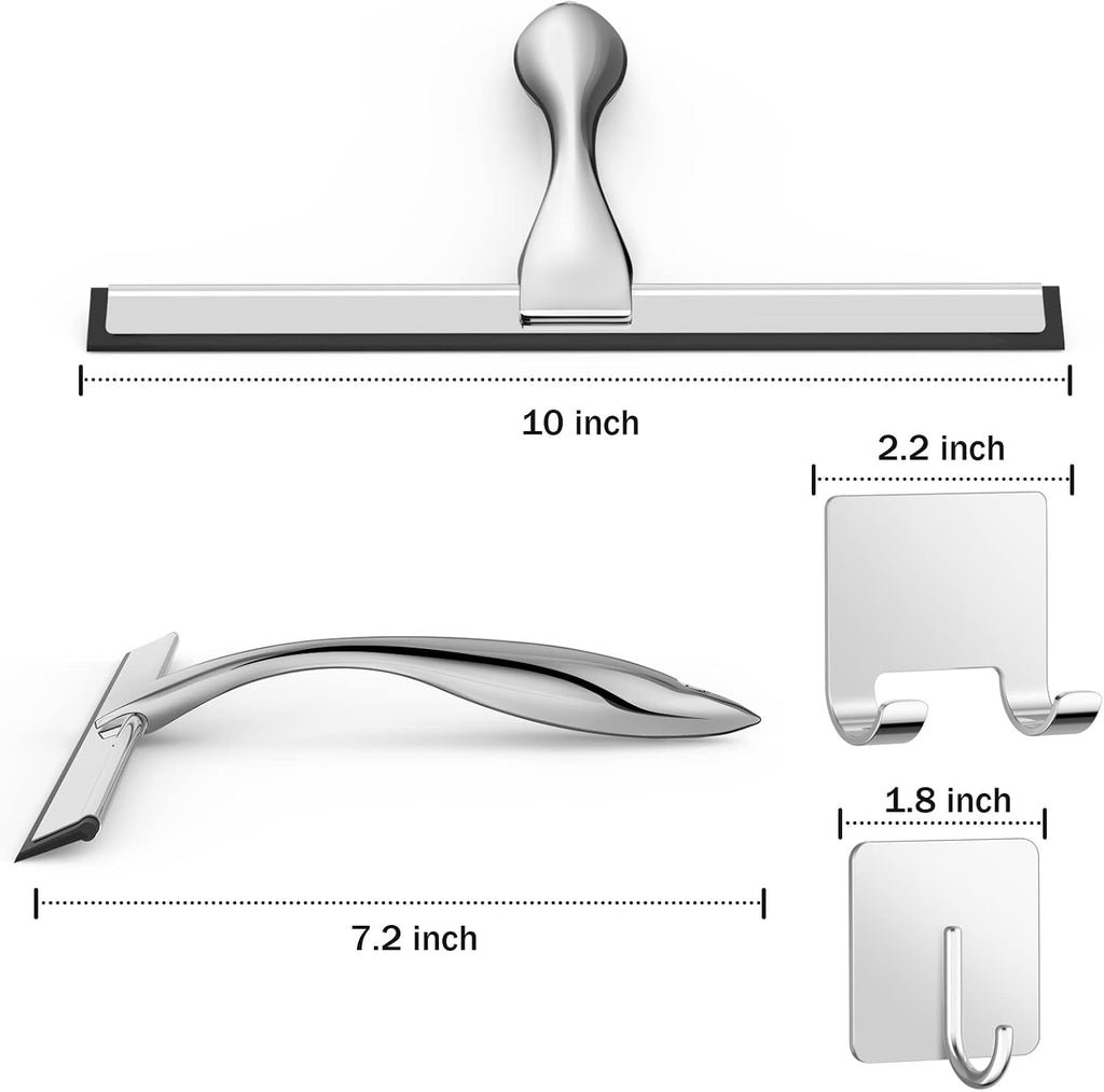 All-Purpose Stainless Steel Shower Squeegee for Shower Glass Door with 2 Adhesive Hooks, Bathroom Cleaner Tool Household Window Mirror Squeegee , Cleaning Tile Wall, Car, 10 Inch Silver Jansha Store