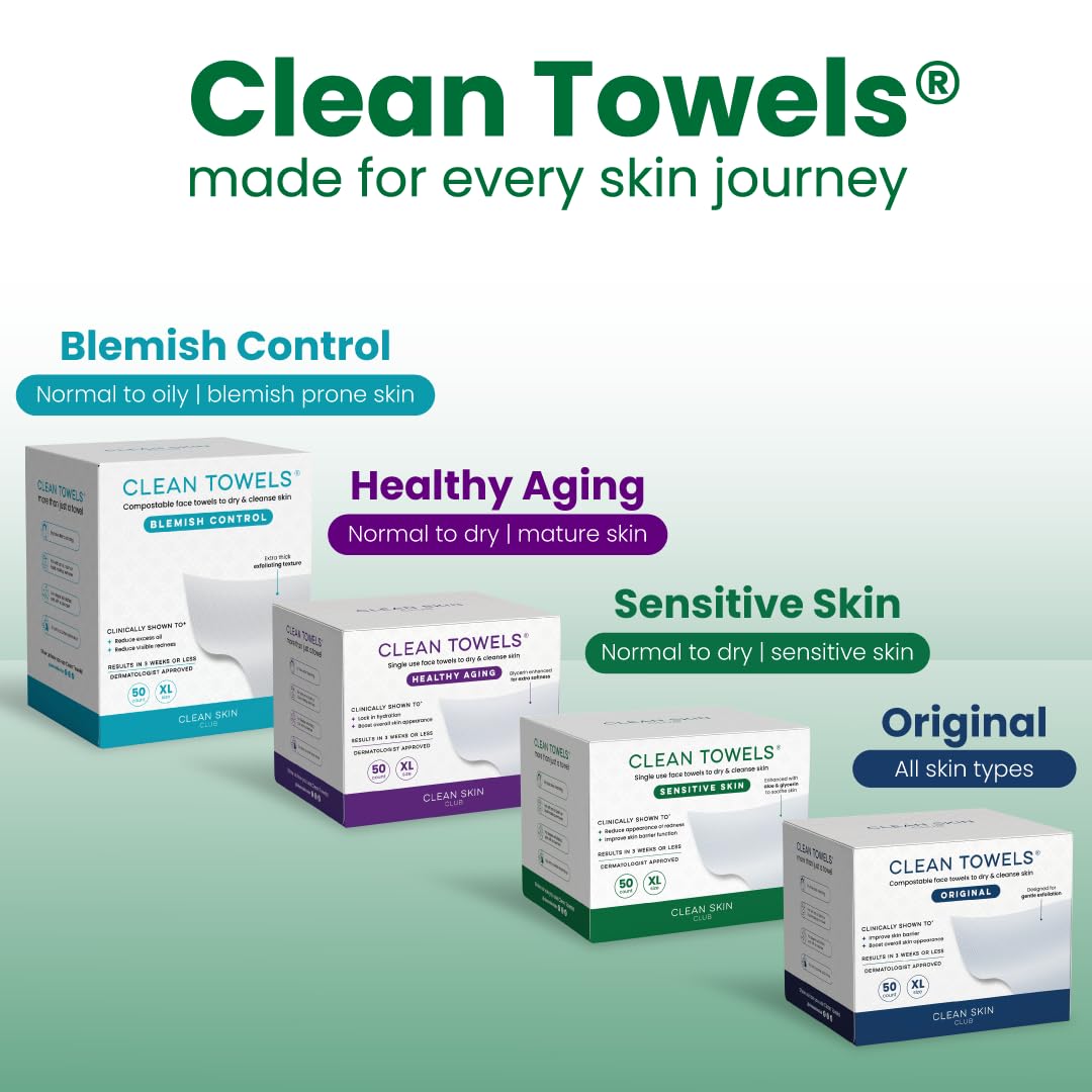 Clean Skin Club Clean Towels XL® Original 50 Ct + Healthy Aging 10ct Travel Pack Duo, 100% USDA Biobased Disposable Face Towels, Makeup Remover Dry Wipes, Ultra Soft, Smooths Fine Lines & Wrinkles Jansha Store
