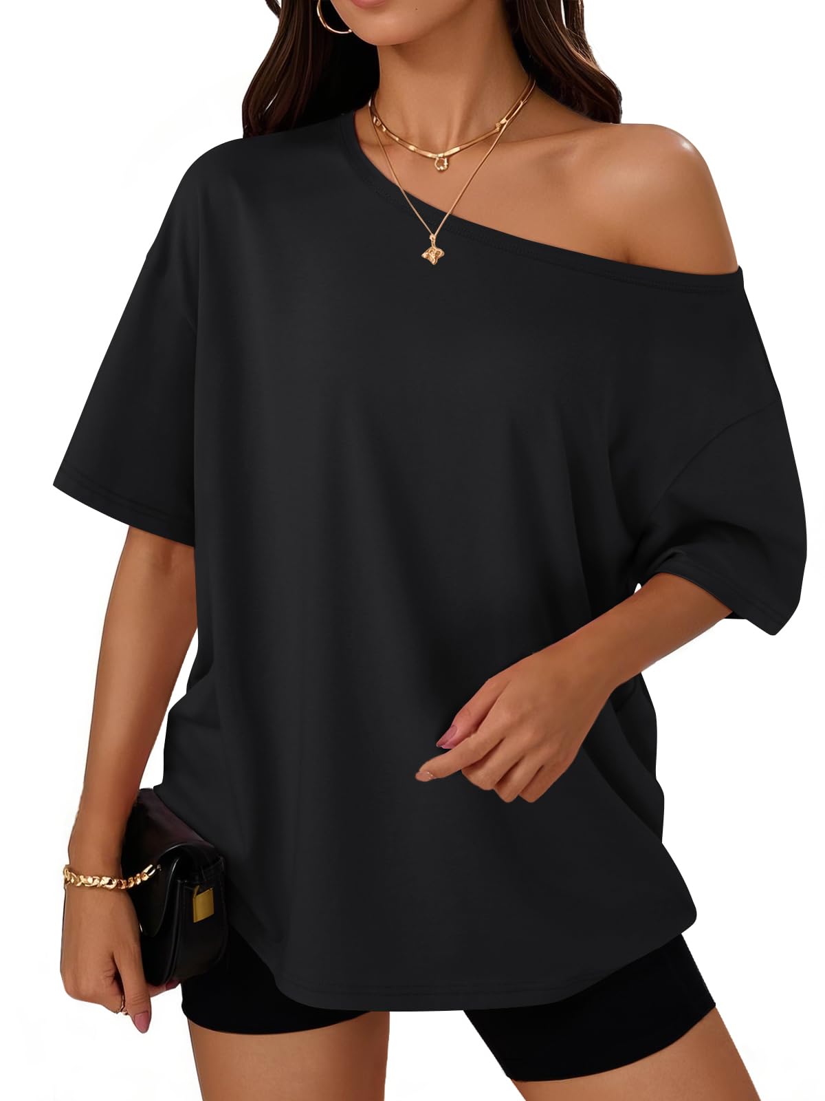 Trendy Queen Womens Off the Shoulder Tops Oversized Summer T-Shirts 2026 Jansha Store