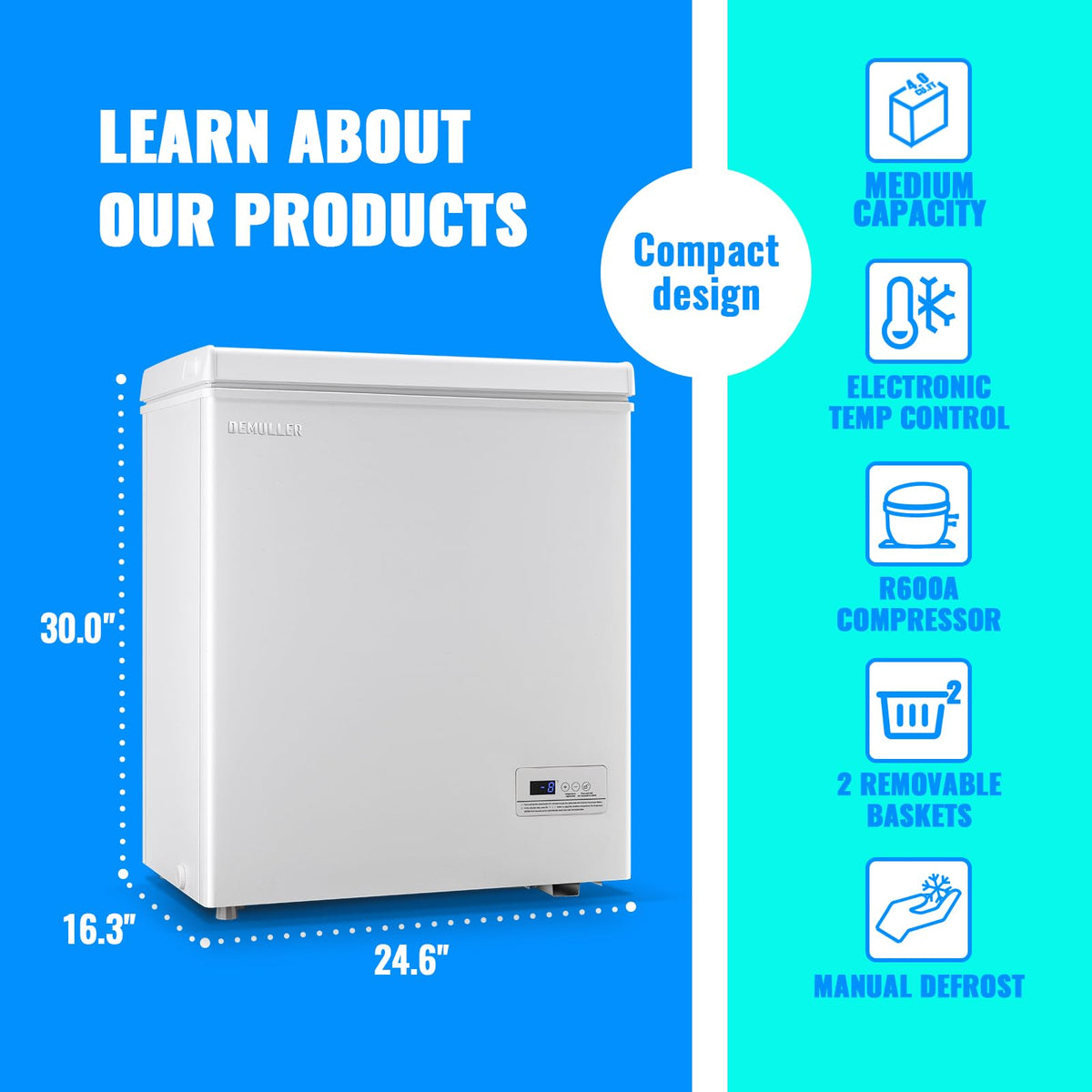 DEMULLER Chest Freezer 4.0 CU. FT Ultra-low Temperature Deep Freezers (Down to -12 ℉) with TWO Removable Baskets Accurate Display of Cabinet Temp Freestanding Black Jansha Store