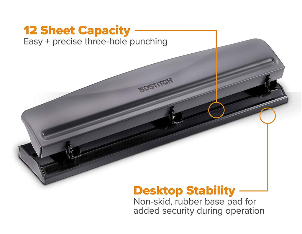 Bostitch Office 3 Hole Punch, Metal, 12 Sheet Capacity, Rubber Base, Silver Jansha Store