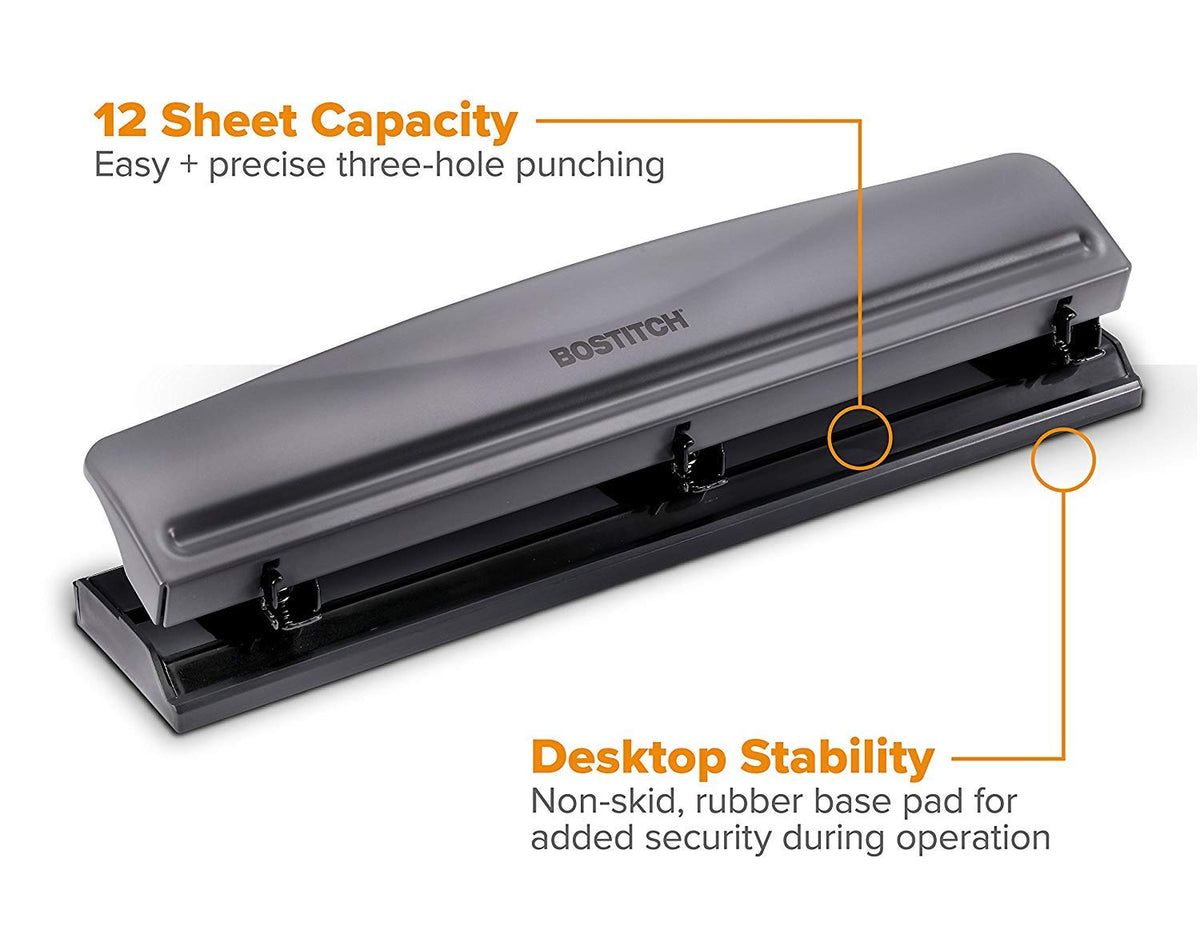 Bostitch Office 3 Hole Punch, Metal, 12 Sheet Capacity, Rubber Base, Silver Jansha Store