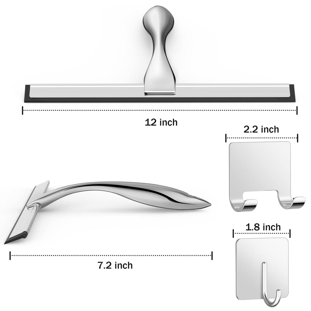 All-Purpose Stainless Steel Shower Squeegee for Shower Glass Door with 2 Adhesive Hooks, Bathroom Cleaner Tool Household Window Mirror Squeegee , Cleaning Tile Wall, Car, 10 Inch Silver Jansha Store