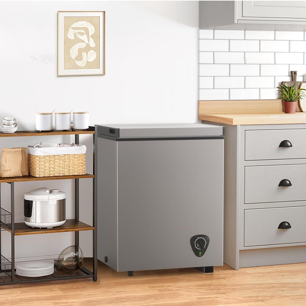 3.5 Cu.Ft Small Chest Freezer, Mini Deep Freezer with Removable Basket, Adjustable Temperature, Free Standing Top Open Door Energy Efficient Compact Freezer for Apartment, Home, Office, Garager，Gray Jansha Store
