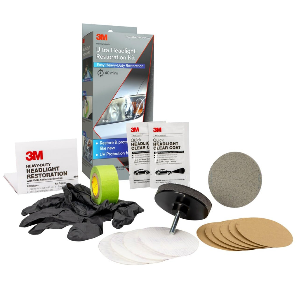 3M Ultra Headlight Restoration Kit, Contains Masking Tape, Light Sanding Discs, Wax Protectant and More, Use on Plastic Lenses Headlights, Taillights and More, Easy Heavy-Duty Restoration (39195) Jansha Store