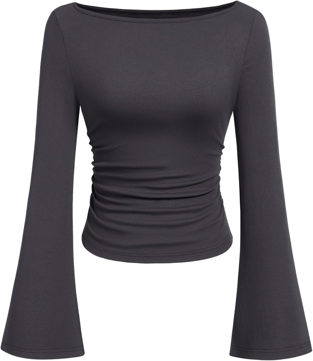PRETTYGARDEN Womens Bell Long Sleeve Ribbed Knit Tops Jansha Store
