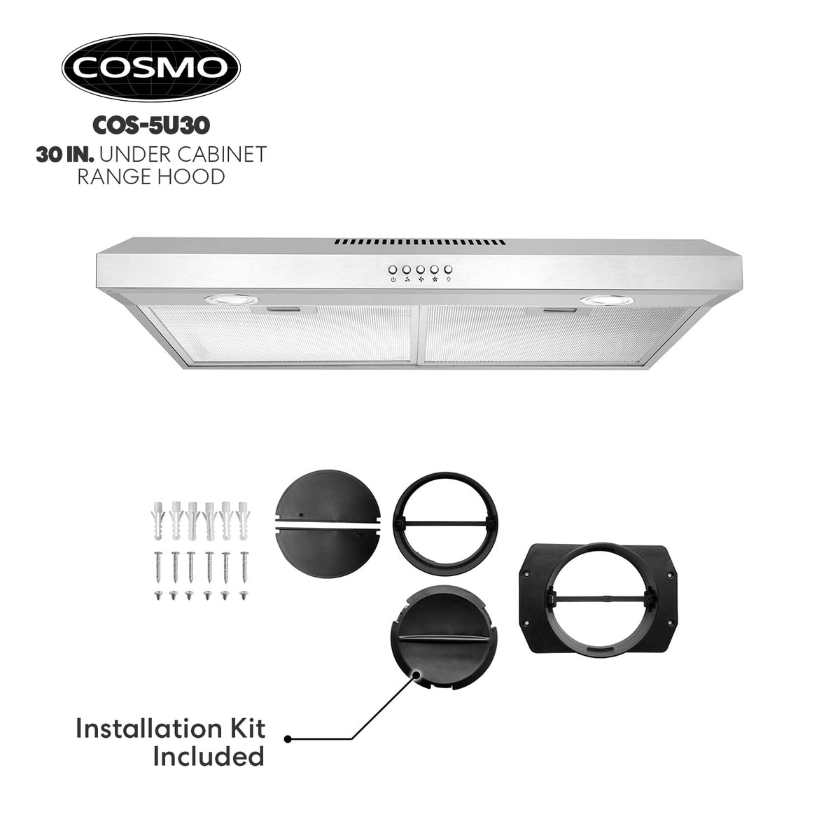 COSMO COS-5MU30 30 in. Delta Collection Ducted Under Cabinet Range Hood, Button Controls, Reusable Filters, LED Lights, Stainless Steel Jansha Store