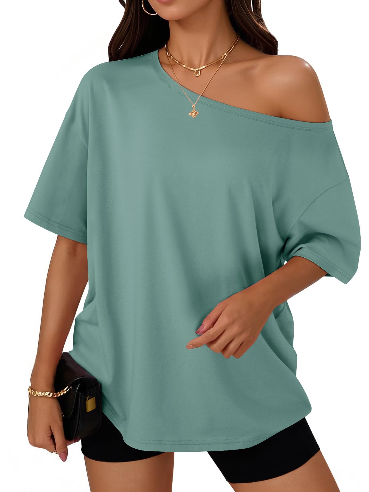 Trendy Queen Womens Off the Shoulder Tops Oversized Summer T-Shirts 2026 Jansha Store