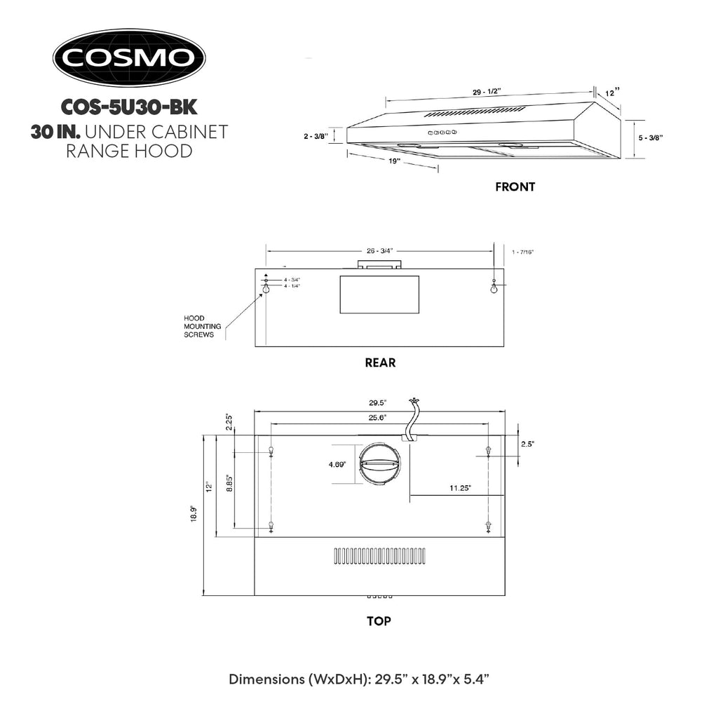 COSMO COS-5MU30 30 in. Delta Collection Ducted Under Cabinet Range Hood, Button Controls, Reusable Filters, LED Lights, Stainless Steel Jansha Store