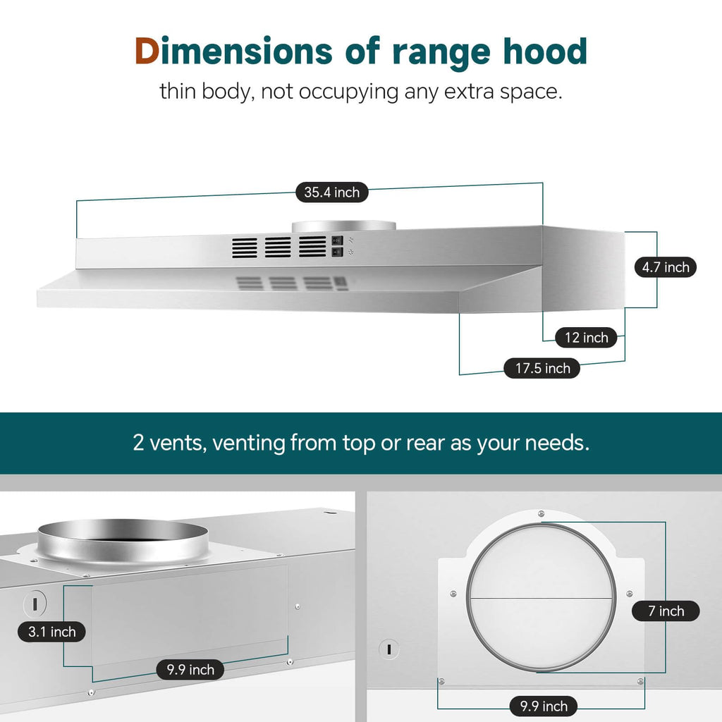 SNDOAS Black Range Hood 36 inch,Ductless Under Cabinet Range Hood Included Carbon Sponge Filter,Ducted Optional,Kitchen Hood 36 inch with 2 Vents,2 Speeds,Hard Wired Stove Vent Jansha Store