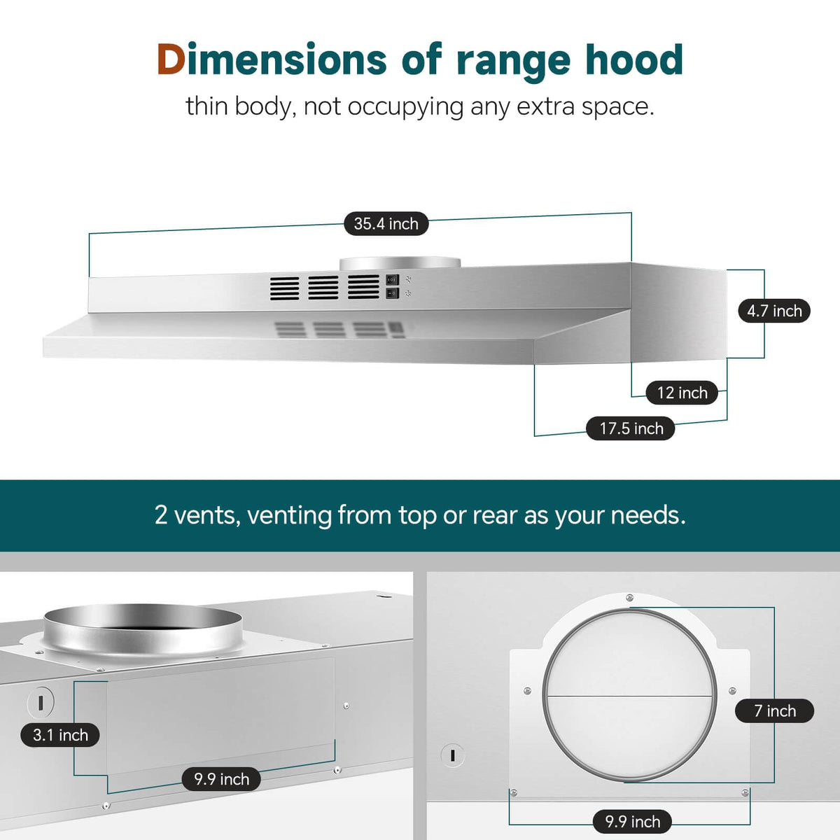 SNDOAS Black Range Hood 36 inch,Ductless Under Cabinet Range Hood Included Carbon Sponge Filter,Ducted Optional,Kitchen Hood 36 inch with 2 Vents,2 Speeds,Hard Wired Stove Vent Jansha Store