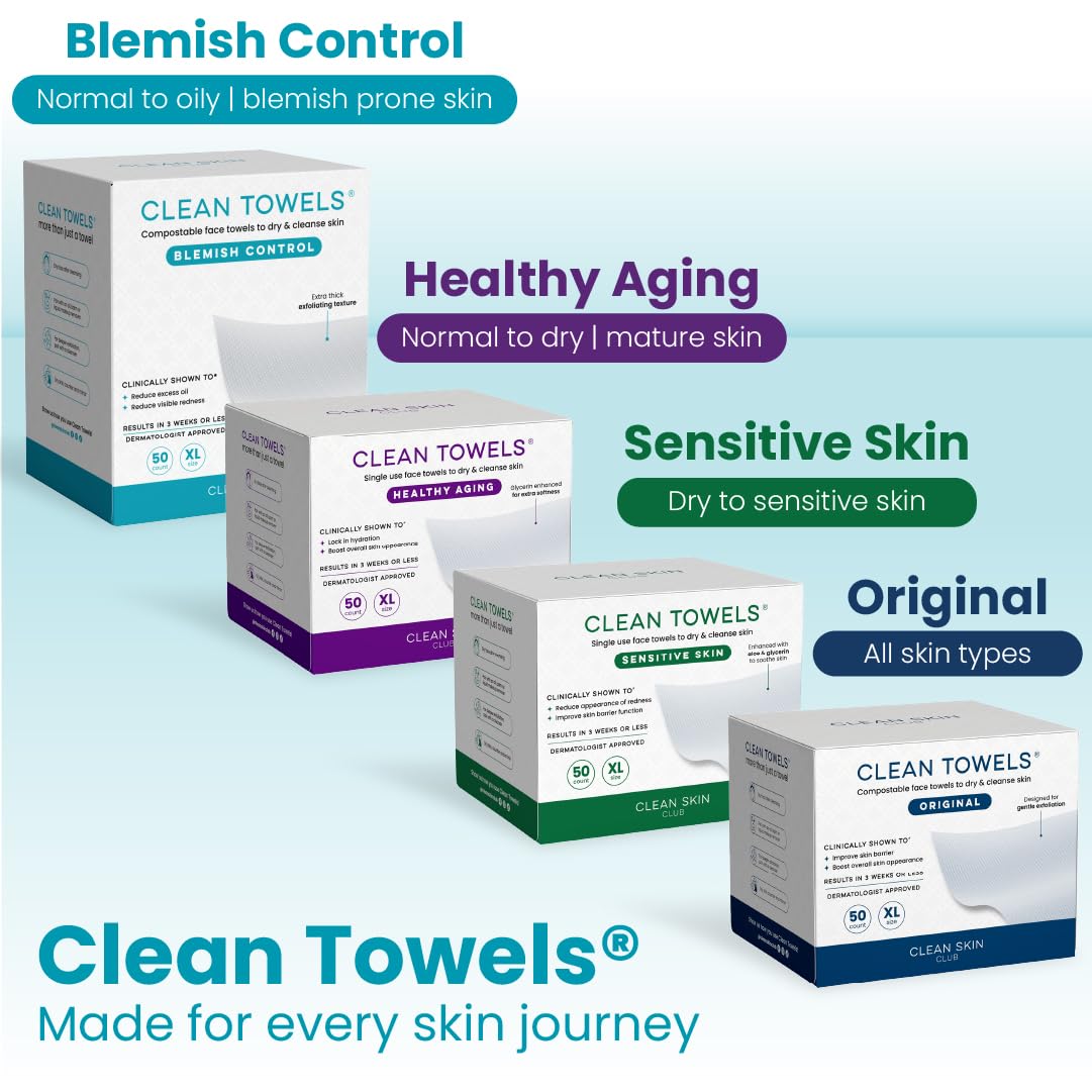 Clean Skin Club Clean Towels XL® Original 50 Ct + Healthy Aging 10ct Travel Pack Duo, 100% USDA Biobased Disposable Face Towels, Makeup Remover Dry Wipes, Ultra Soft, Smooths Fine Lines & Wrinkles Jansha Store