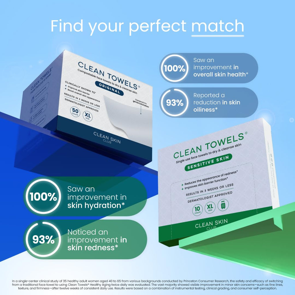Clean Skin Club Clean Towels XL® Original 50 Ct + Healthy Aging 10ct Travel Pack Duo, 100% USDA Biobased Disposable Face Towels, Makeup Remover Dry Wipes, Ultra Soft, Smooths Fine Lines & Wrinkles Jansha Store
