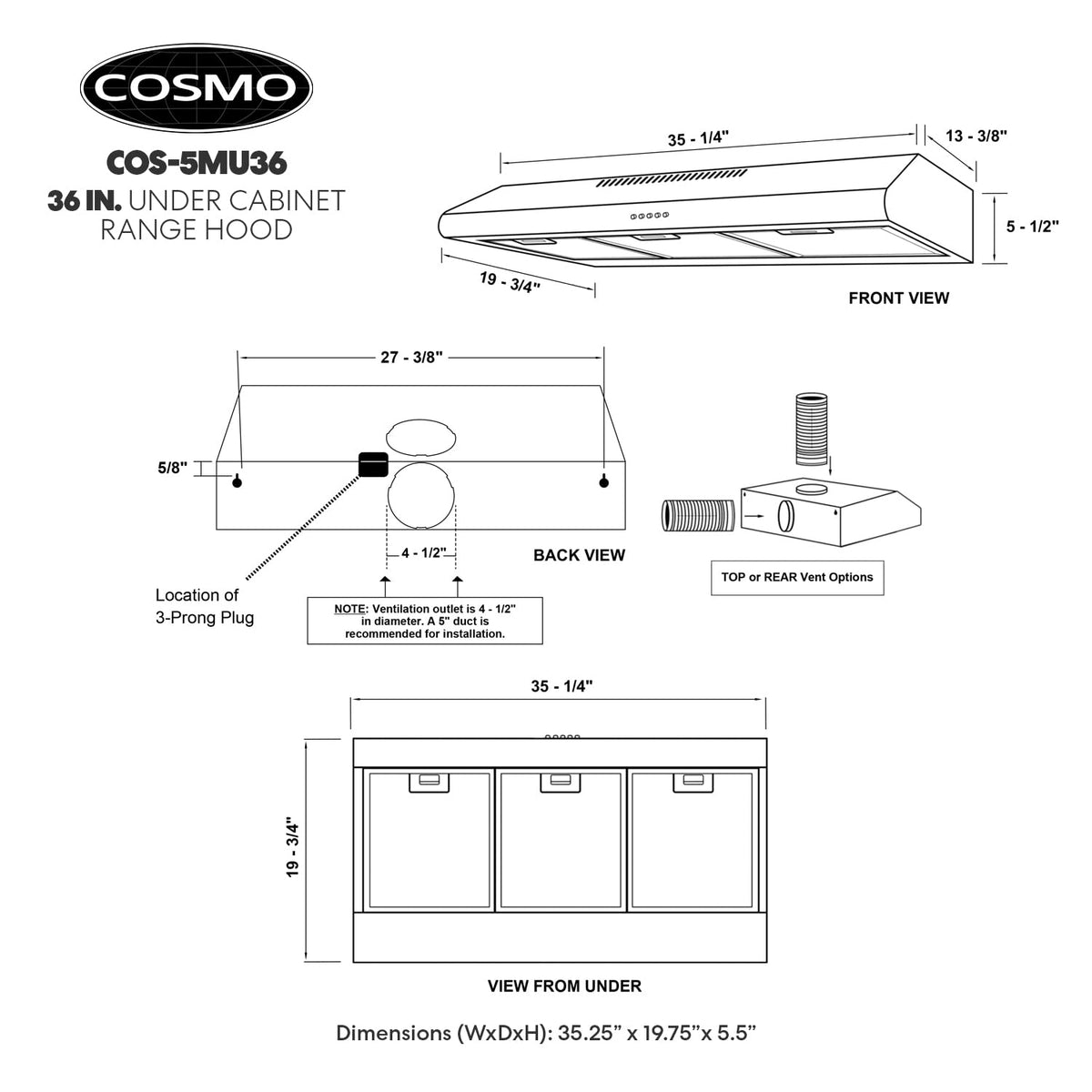 COSMO COS-5MU30 30 in. Delta Collection Ducted Under Cabinet Range Hood, Button Controls, Reusable Filters, LED Lights, Stainless Steel Jansha Store