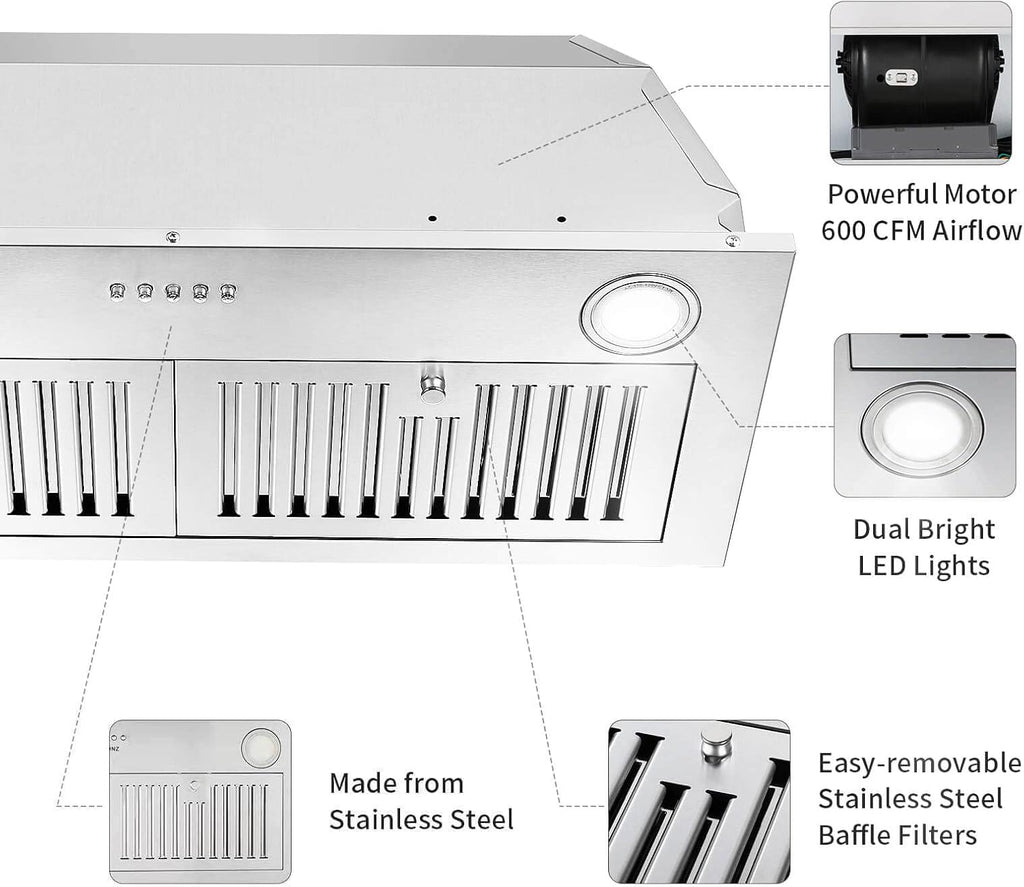 Range Hood Insert 30 inch,Stainless Steel Kitchen Vent Hood 600CFM,Built-in Kitchen Stove Hood w/Front Button Controls and Front LED Lights,Baffle Filters,Ducted/ductless Convertible Duct Jansha Store