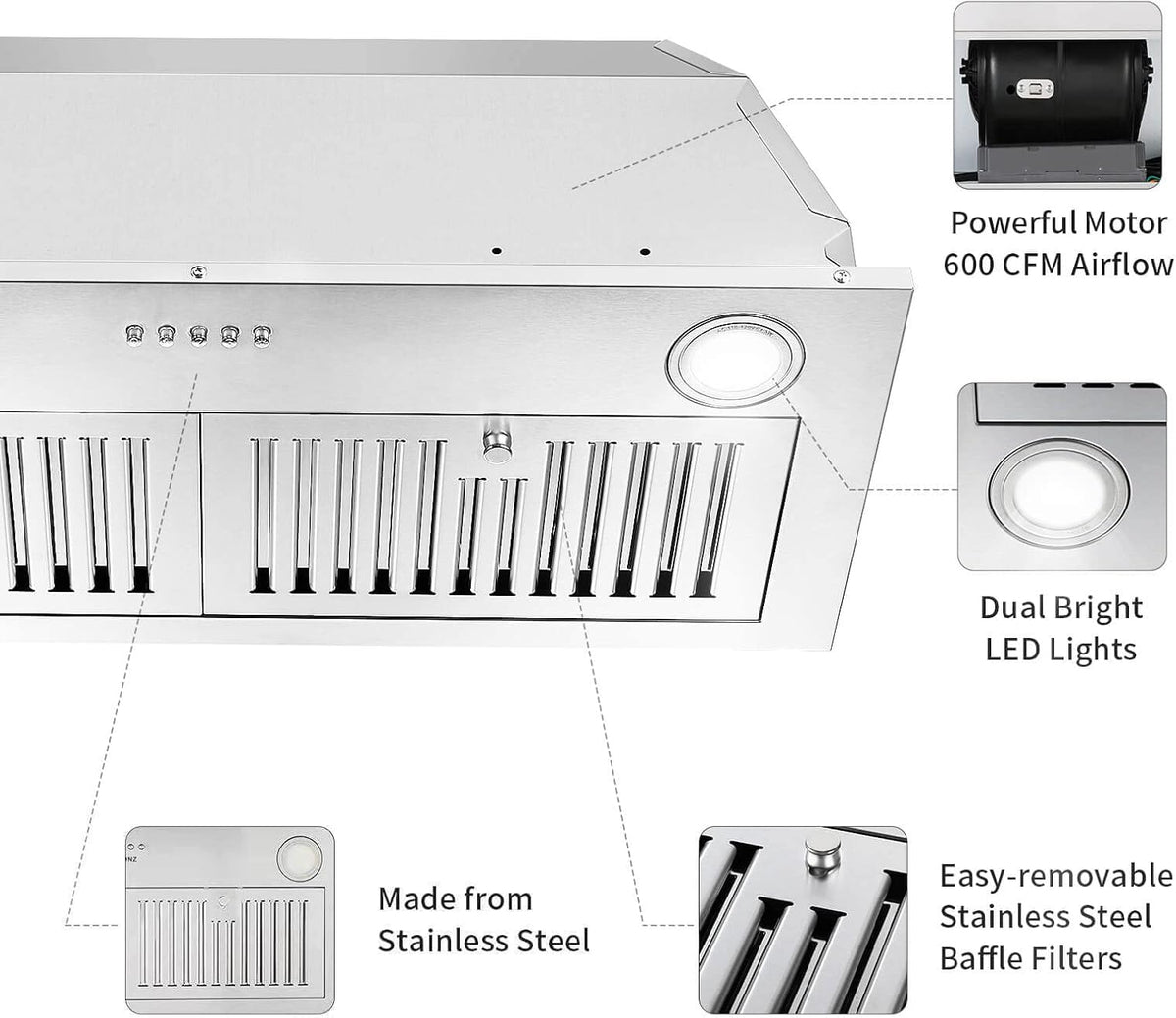Range Hood Insert 30 inch,Stainless Steel Kitchen Vent Hood 600CFM,Built-in Kitchen Stove Hood w/Front Button Controls and Front LED Lights,Baffle Filters,Ducted/ductless Convertible Duct Jansha Store