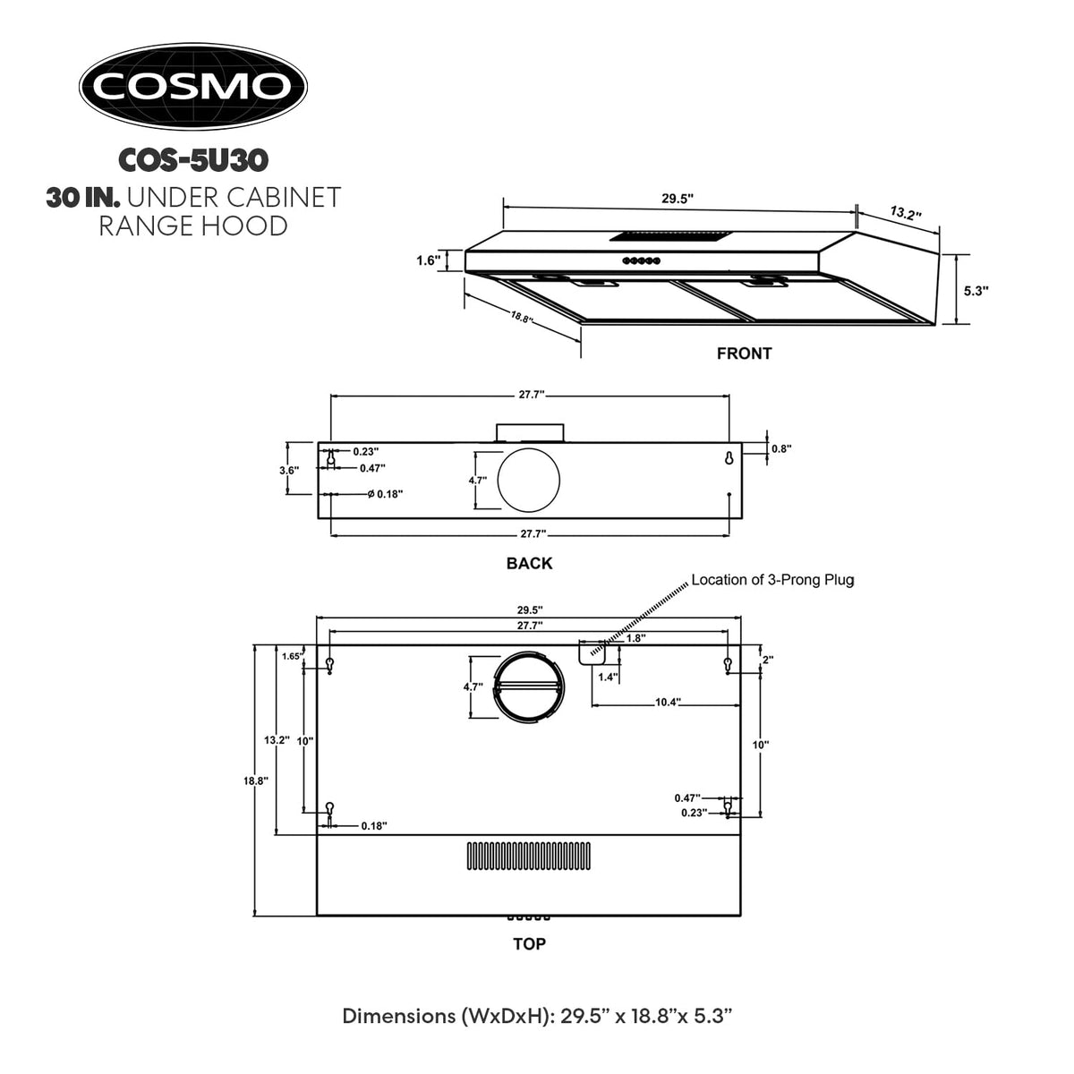 COSMO COS-5MU30 30 in. Delta Collection Ducted Under Cabinet Range Hood, Button Controls, Reusable Filters, LED Lights, Stainless Steel Jansha Store