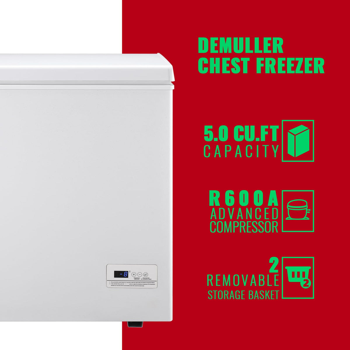 DEMULLER Chest Freezer 5.0Cubic Feet Deep Freezer Freestanding Freezers with 2 Removable Stainless Steel Basket, Mini Freezer Top Open Door Compact Freezer with Electronic Control 41℉ to -15℉BLACK Jansha Store