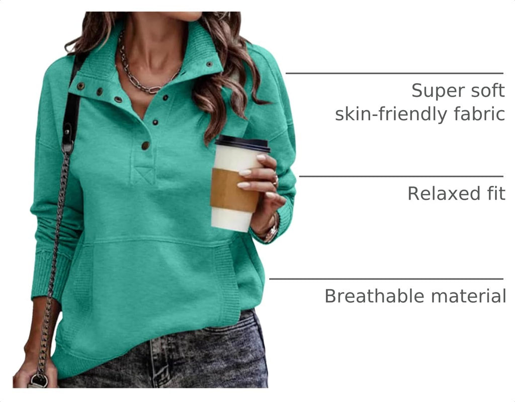 SHEWIN Women's Casual Long Sleeve Stand Neck Sweatshirt Lightweight Button Drawstring Pullover Tops Jansha Store