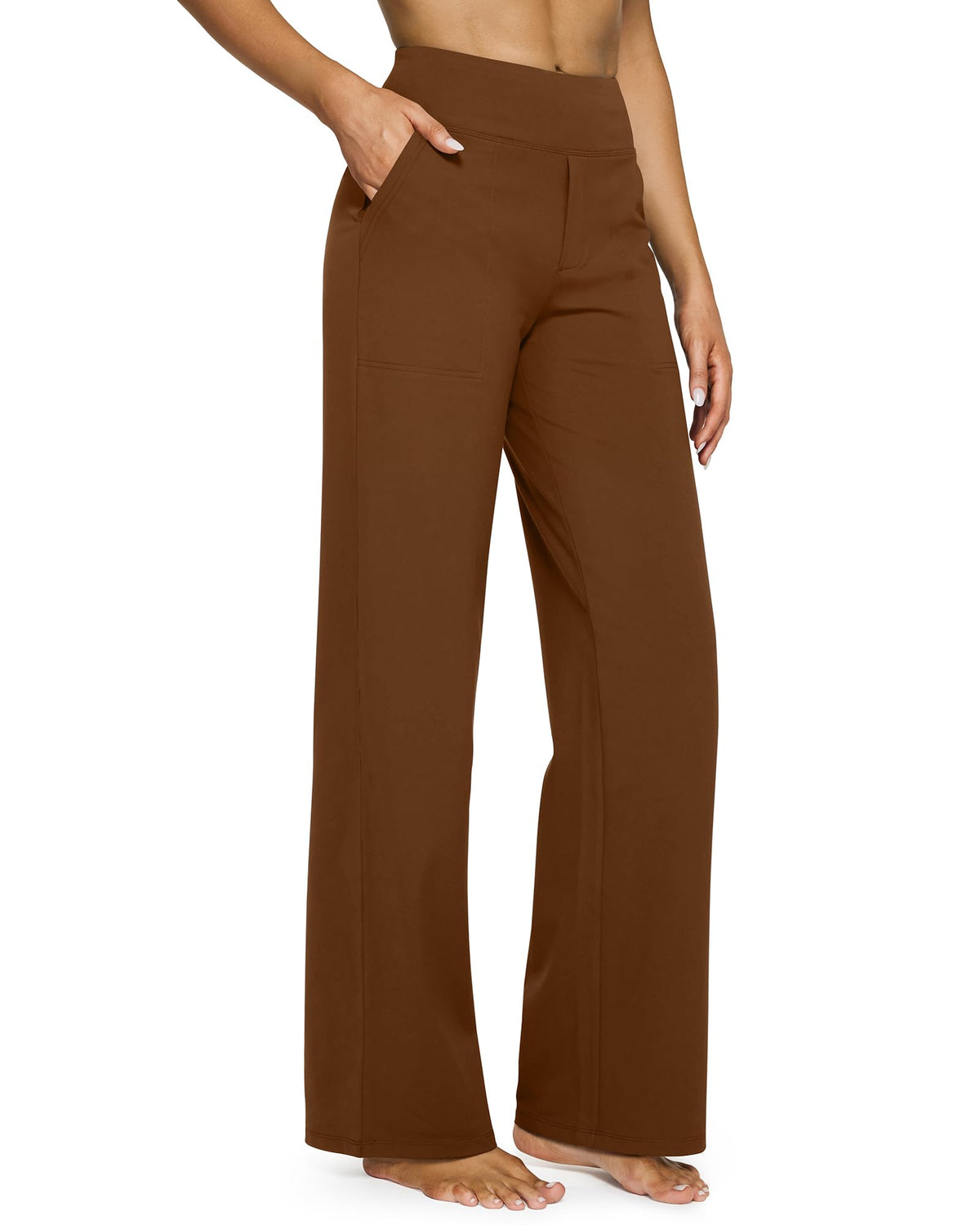 Wide leg yoga pants for women in a relaxed front view showing the high waisted fit and flowy leg