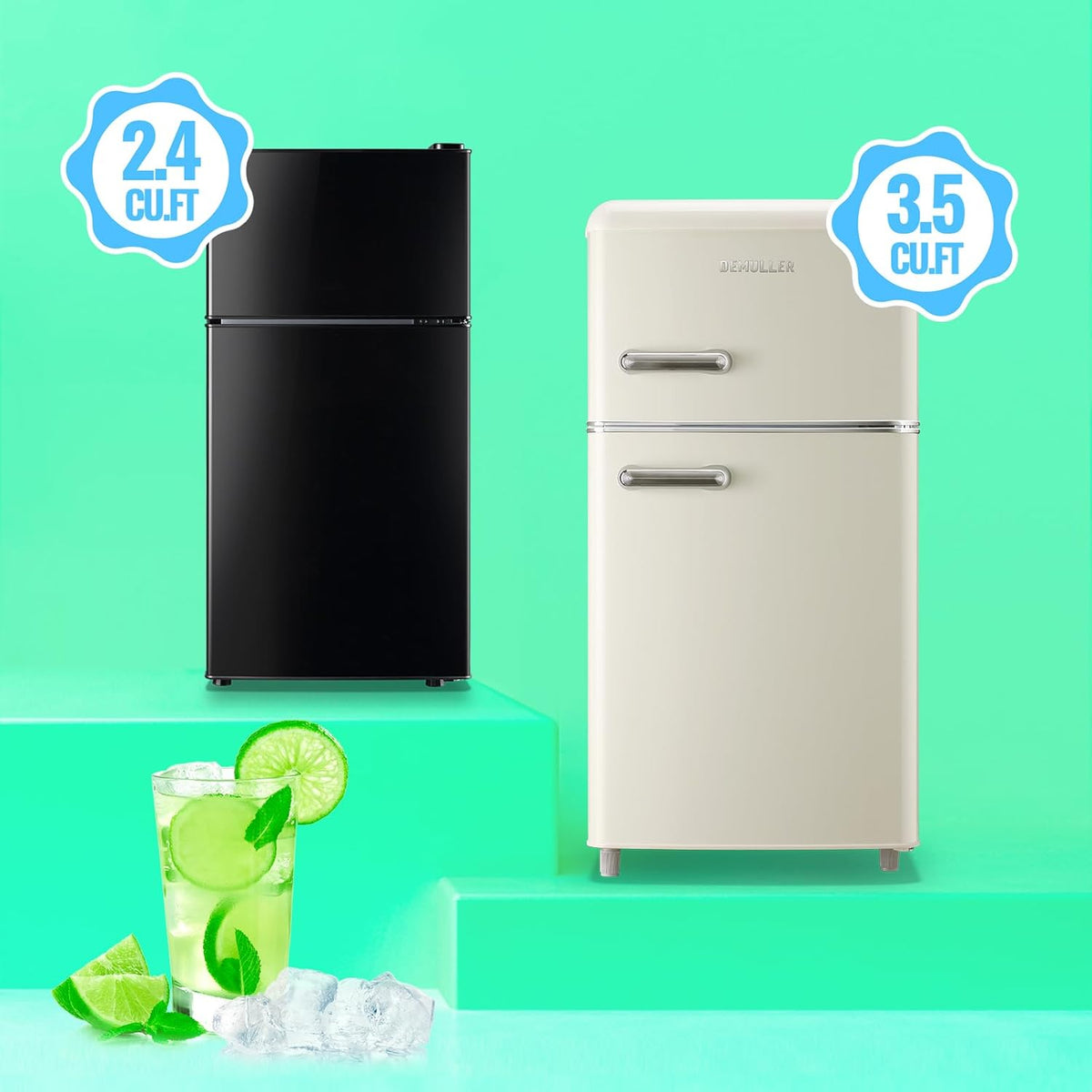 DEMULLER 45L Personal Double‑Door Mini Fridge With Freezer, Black Jansha Store