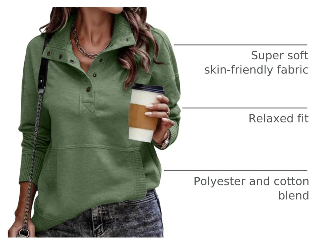 SHEWIN Women's Casual Long Sleeve Stand Neck Sweatshirt Lightweight Button Drawstring Pullover Tops Jansha Store