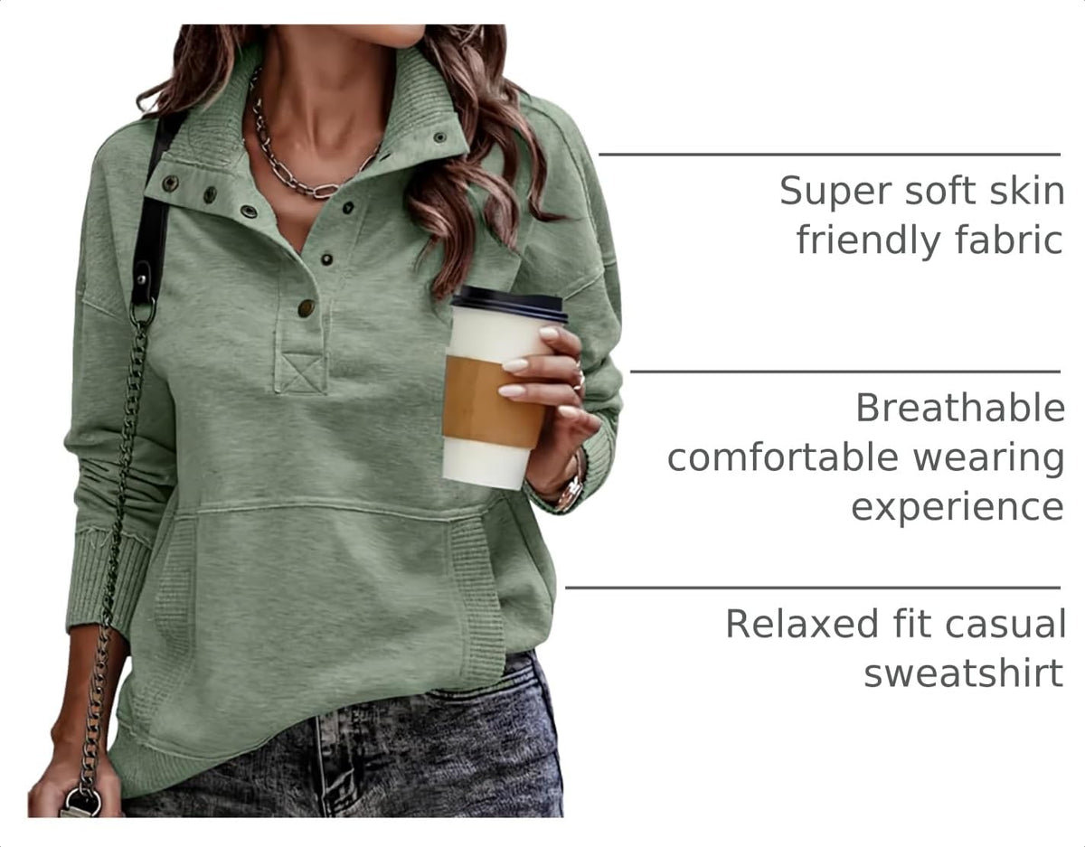 SHEWIN Women's Casual Long Sleeve Stand Neck Sweatshirt Lightweight Button Drawstring Pullover Tops Jansha Store